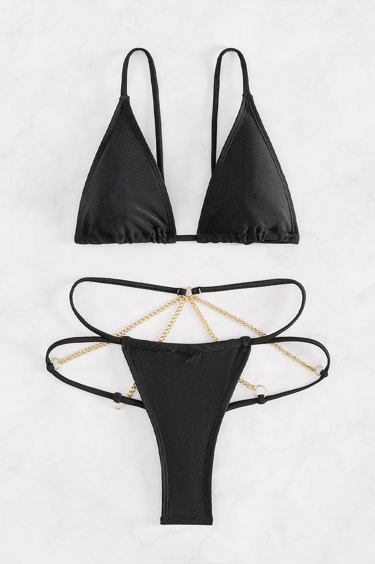 Black Gold Chain Strappy Micro Bikini Thong 2Pc Swimsuit Set - AMIClubwear