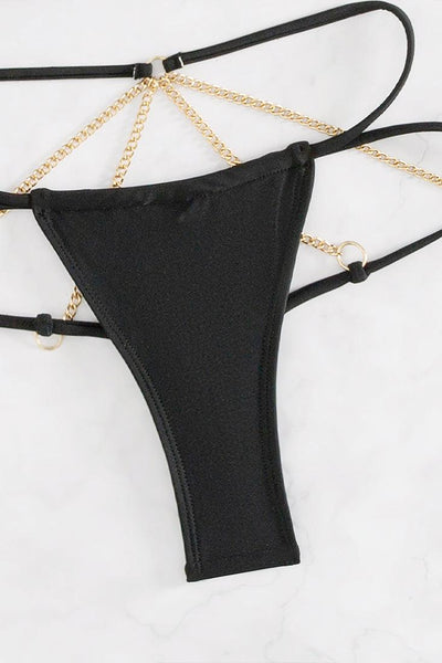 Black Gold Chain Strappy Micro Bikini Thong 2Pc Swimsuit Set - AMIClubwear