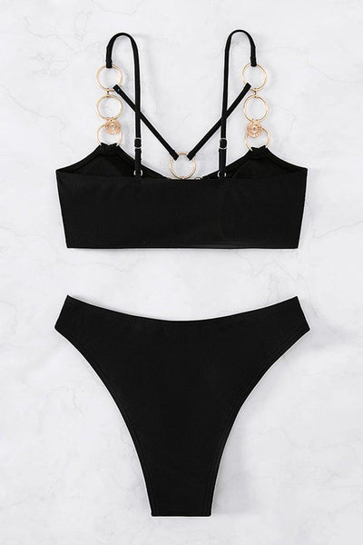 Black Gold Rings Decor Two Piece Swimsuit Bikini - AMIClubwear