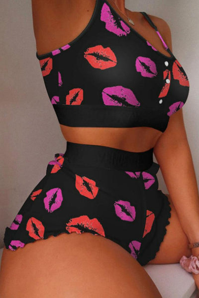 Black Lips Print Crop Top Boy Shorts 2Pc Pajamas PJ Set - AMIClubwear