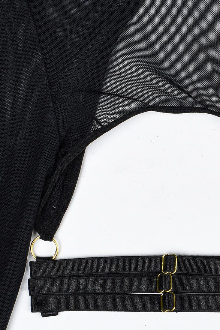 Black Mesh Strappy Long Sleeve Thong Garter Best 5Pc Lingerie Set - AMIClubwear