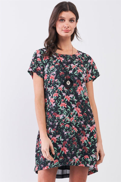 Black Multicolor Floral Print Pleated Back Detail Relaxed Mini Dress - AMIClubwear