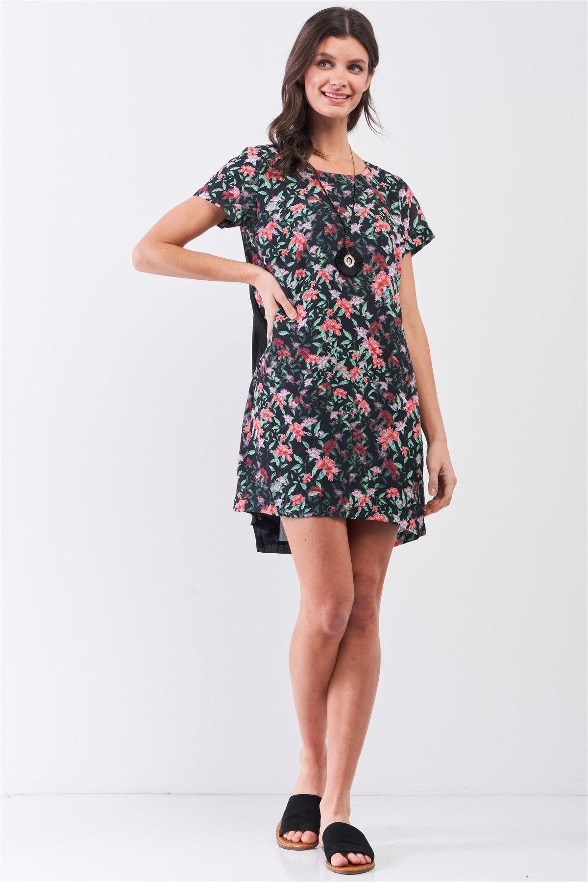 Black Multicolor Floral Print Pleated Back Detail Relaxed Mini Dress - AMIClubwear