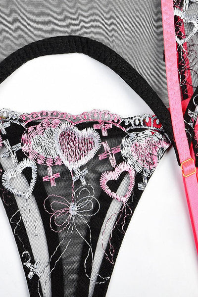 Black Pink Heart Embroider Mesh Choker Thong Garter Belt 5Pc Lingerie Set - AMIClubwear