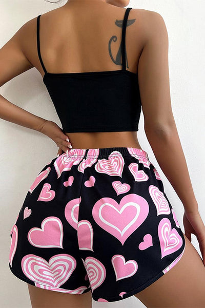 Black Pink Hearts Crop Top Booby Shorts 2Pc Sexy Pajamas Set - AMIClubwear