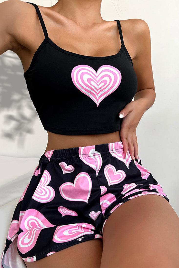 Black Pink Hearts Crop Top Booby Shorts 2Pc Sexy Pajamas Set - AMIClubwear