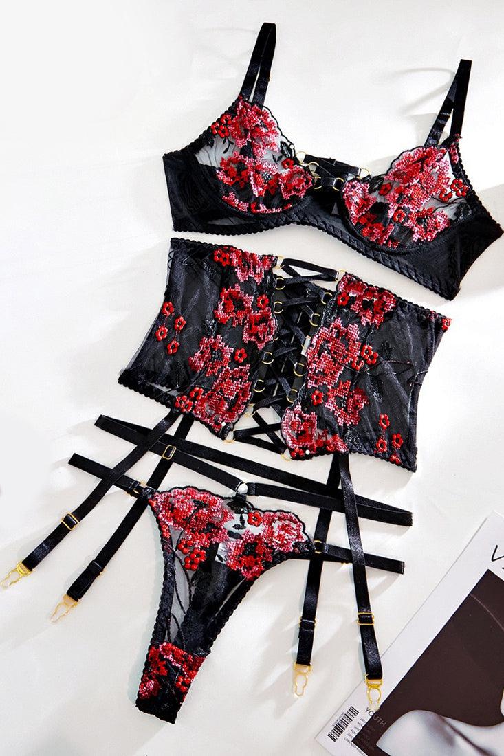 Black Red Flower Embroidered Bra Corset Garter Belt Thong 3Pc Lingerie Set - AMIClubwear