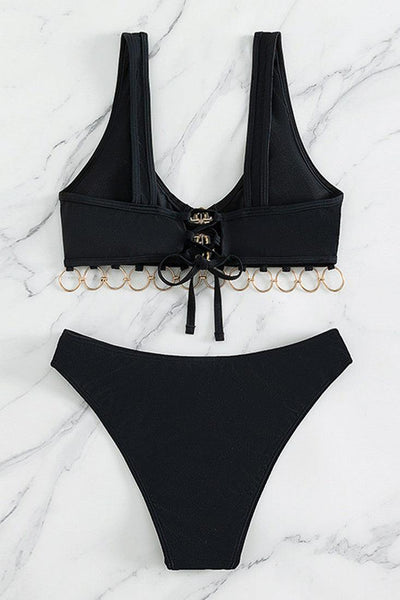 Black Rhinestone O-rings Cheeky 2Pc Bikini Swimsuit Set - AMIClubwear