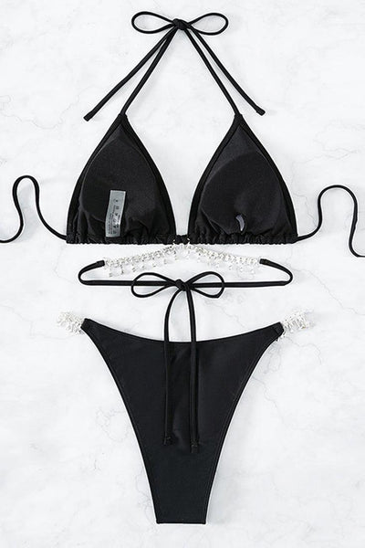 Black Rhinestone Strap Bling Covered Two Piece Bikini Swimsuit - AMIClubwear