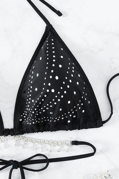 Black Rhinestone Strap Bling Covered Two Piece Bikini Swimsuit - AMIClubwear
