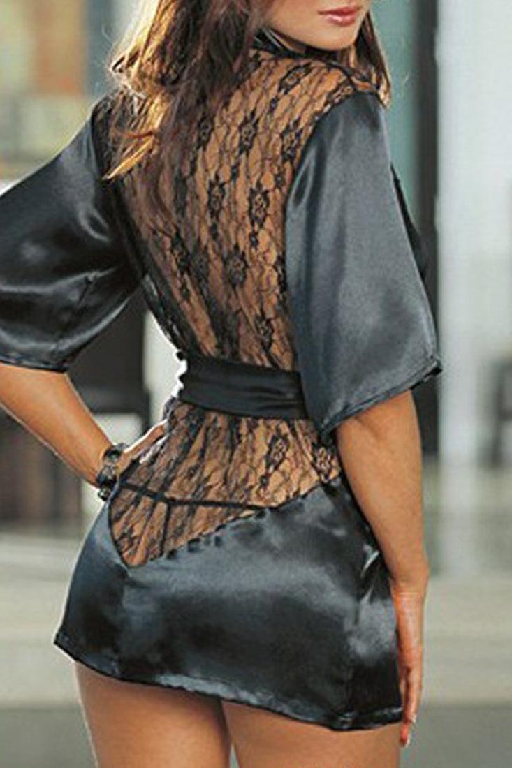Black Satin Lace Belted Robe Kimono 2Pc Lingerie - AMIClubwear