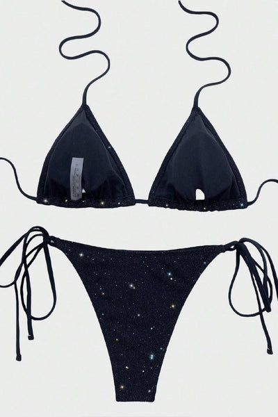 Black Shimmer Triangle Cheeky 2Pc Swimsuit Set Bikini - AMIClubwear
