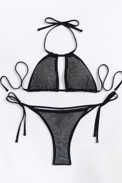Black Silver Rhinestone Covered Halter Thong 2 Pc Swimsuit Bikini - AMIClubwear