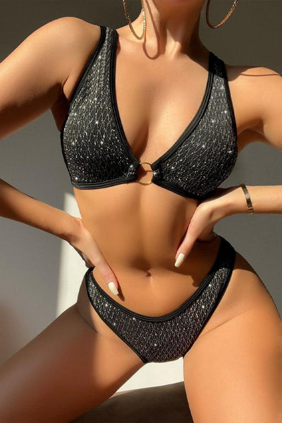 Black Silver Shimmer Cheeky 2Pc Sexy Swimsuit Set - AMIClubwear