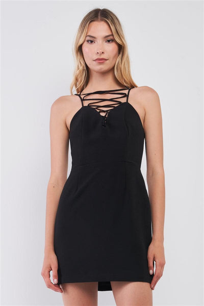 Black Slim Fit Sleeveless V-neck Front Corset Inspired Tie-up Detail Cocktail Mini Dress - AMIClubwear