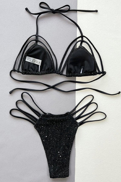 Black Sparkly Strappy Cheeky Sexy Two Piece Swimsuit Bikini - AMIClubwear
