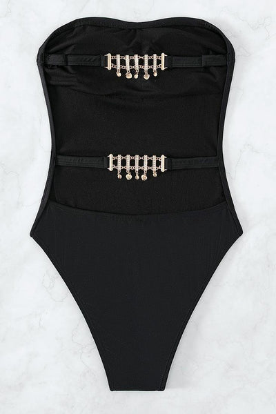 Black Strapless Rhinestone Straps Back Sexy 1Pc Swimsuit Monokini - AMIClubwear
