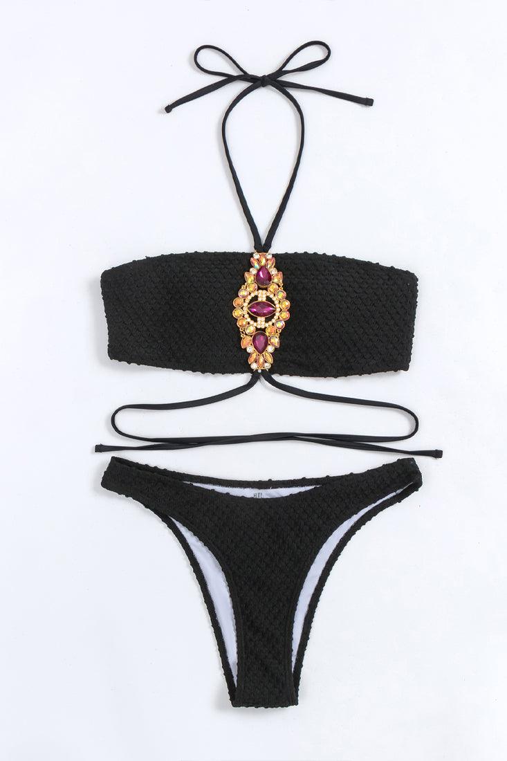 Black Textured Rhinestone Gemstone Halter Cheeky 2 Pc Swimsuit Set Bikini - AMIClubwear