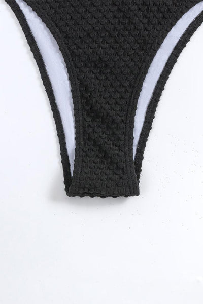 Black Textured Rhinestone Gemstone Halter Cheeky 2 Pc Swimsuit Set Bikini - AMIClubwear