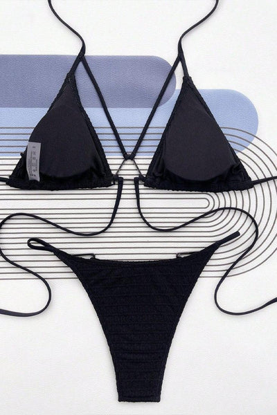 Black Textured Triangle Ring Strappy Cheeky 2Pc Sexy Swimsuit Bikini - AMIClubwear