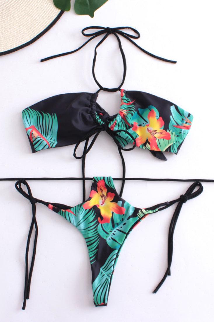 Black Tropical Print Strappy Halter Bandeau Thong 2Pc Sexy Swimsuit - AMIClubwear