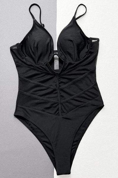 Black V-Wired Mesh Strappy Sexy 1Pc Swimsuit Monokini - AMIClubwear