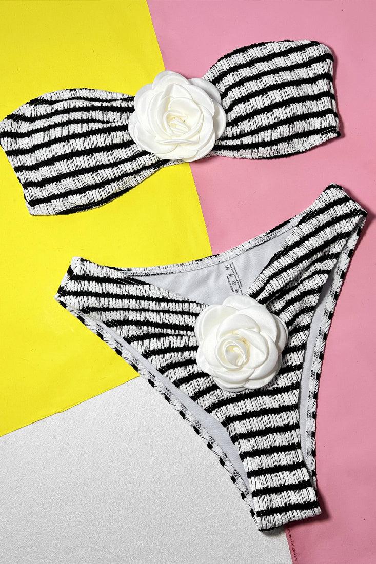 Black White 3D Rose Rosette Bandeau Cheeky High Waist Sexy 2Pc Swimsuit - AMIClubwear