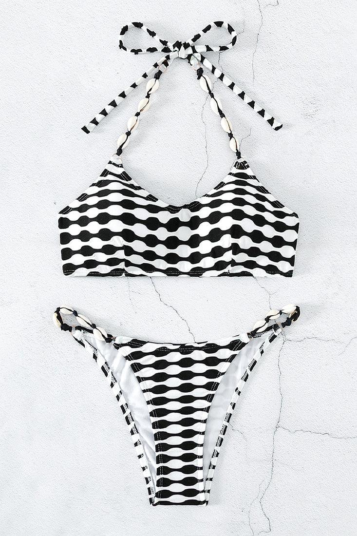 Black White Sea Shell Strap Sexy Cheeky 2Pc Swimsuit Set - AMIClubwear