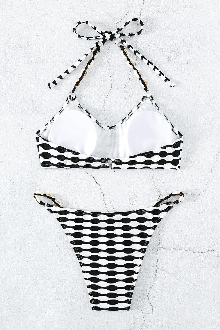 Black White Sea Shell Strap Sexy Cheeky 2Pc Swimsuit Set - AMIClubwear