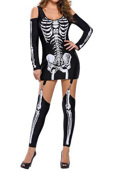 Black White Skeleton Cold Shoulders Leg Warmer 3 Pc Costume - AMIClubwear