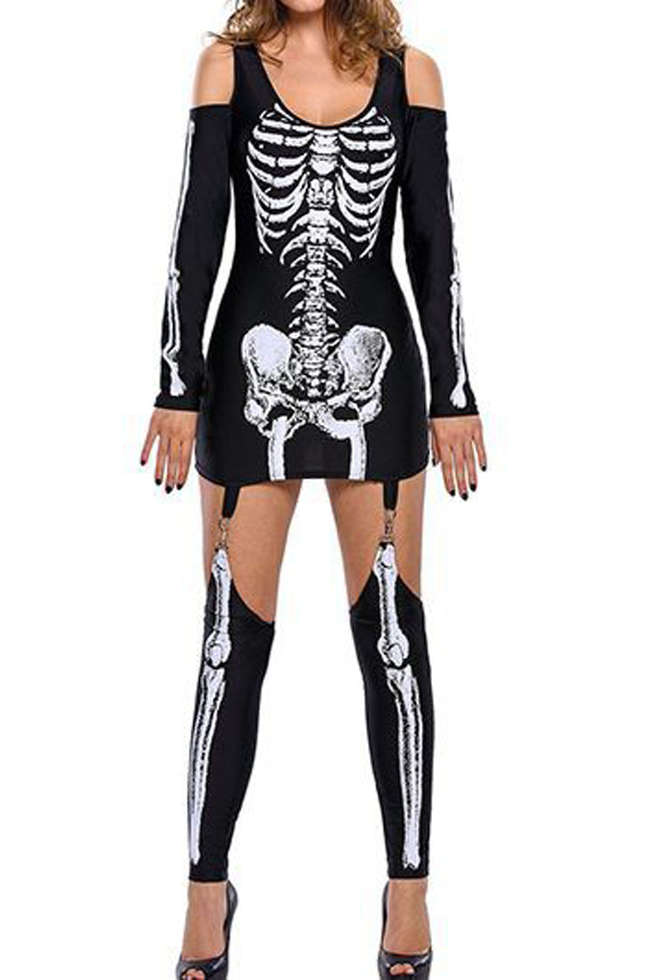 Black White Skeleton Cold Shoulders Leg Warmer 3 Pc Costume - AMIClubwear