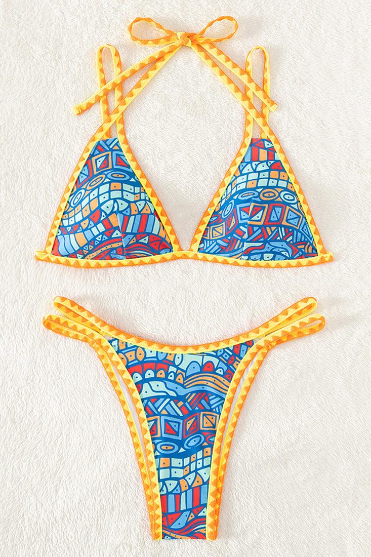 Blue Print Orange Crochet Trim Triangle Cheeky 2Pc Swimsuit Set Micro Bikini - AMIClubwear