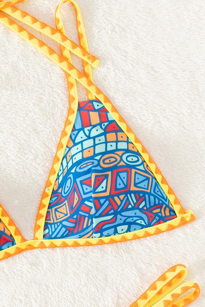 Blue Print Orange Crochet Trim Triangle Cheeky 2Pc Swimsuit Set Micro Bikini - AMIClubwear