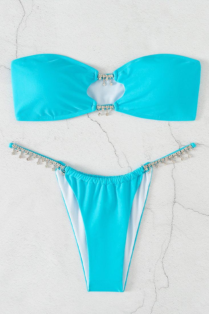 Blue Strapless Rhinestones Draw String Ultra Cheeky 2Pc Swimsuit Set - AMIClubwear