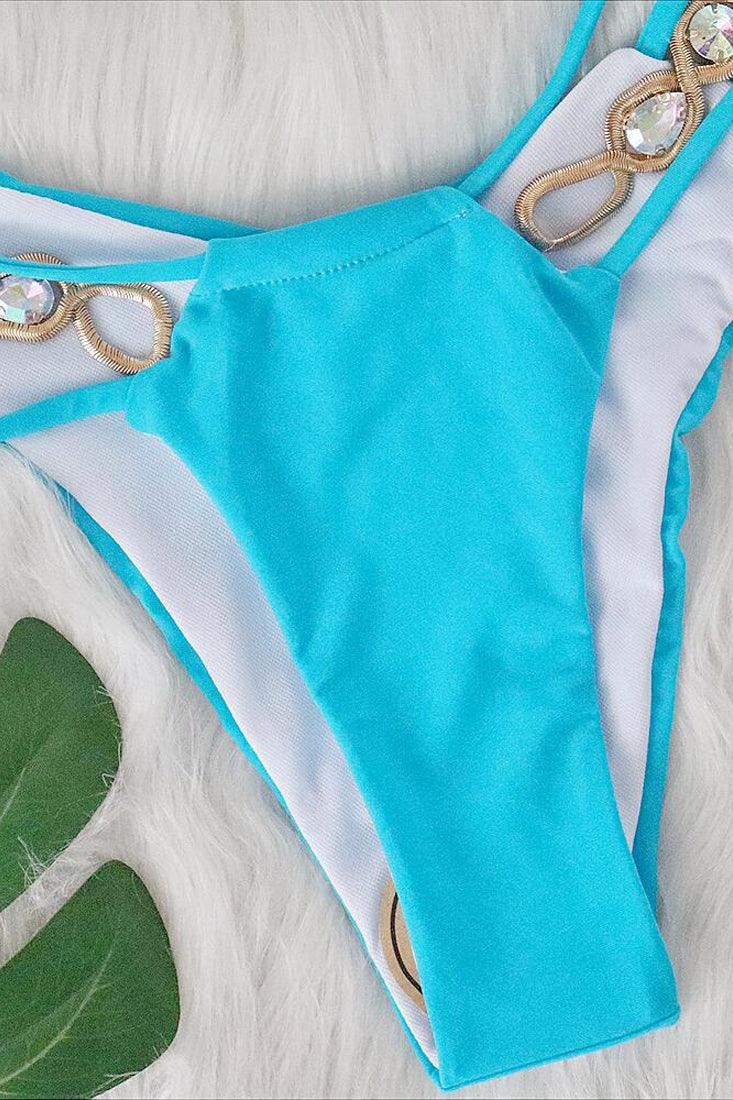 Blue Strappy Big Rhinestones Cut-Out Cheeky 2Pc Swimsuit Bikini - AMIClubwear