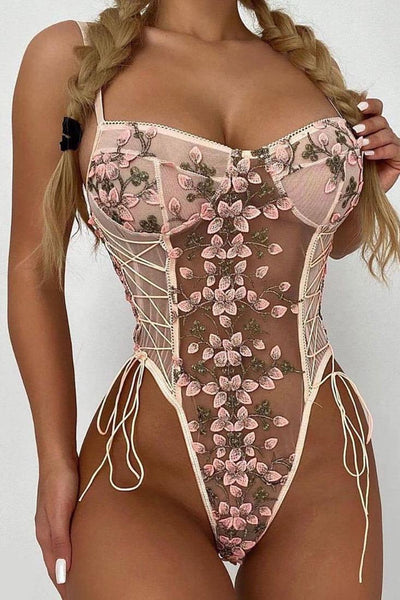 Blush Flower Embroidered Sheer Mesh Lace-Up 1Pc Thong Lingerie - AMIClubwear