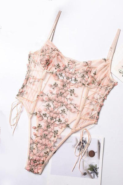 Blush Flower Embroidered Sheer Mesh Lace-Up 1Pc Thong Lingerie - AMIClubwear