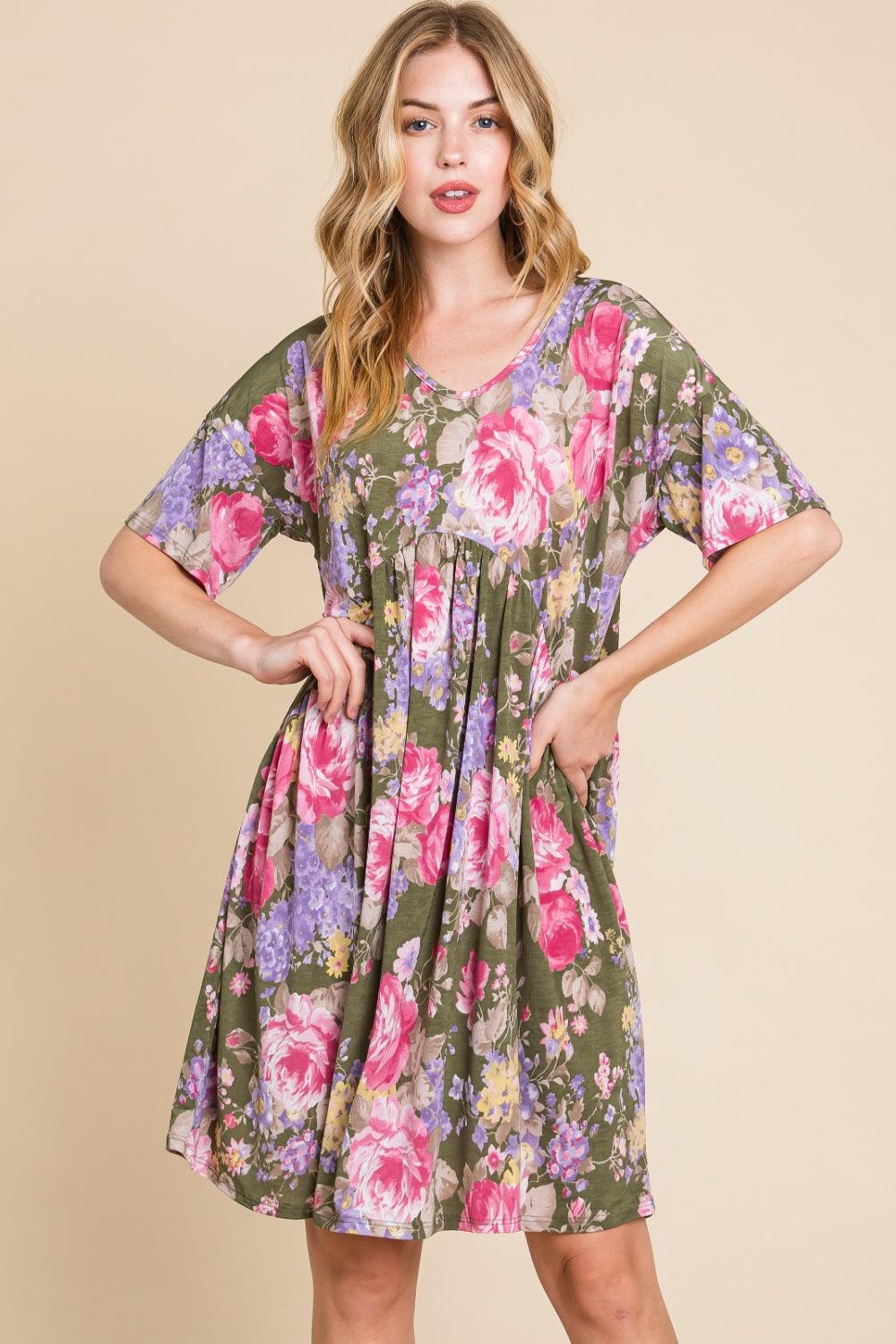 BOMBOM Flower Print V-Neck Ruched Dress - AMIClubwear