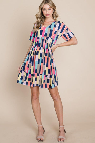 BOMBOM Ruched Color Block Short Sleeve Mini Dress - AMIClubwear