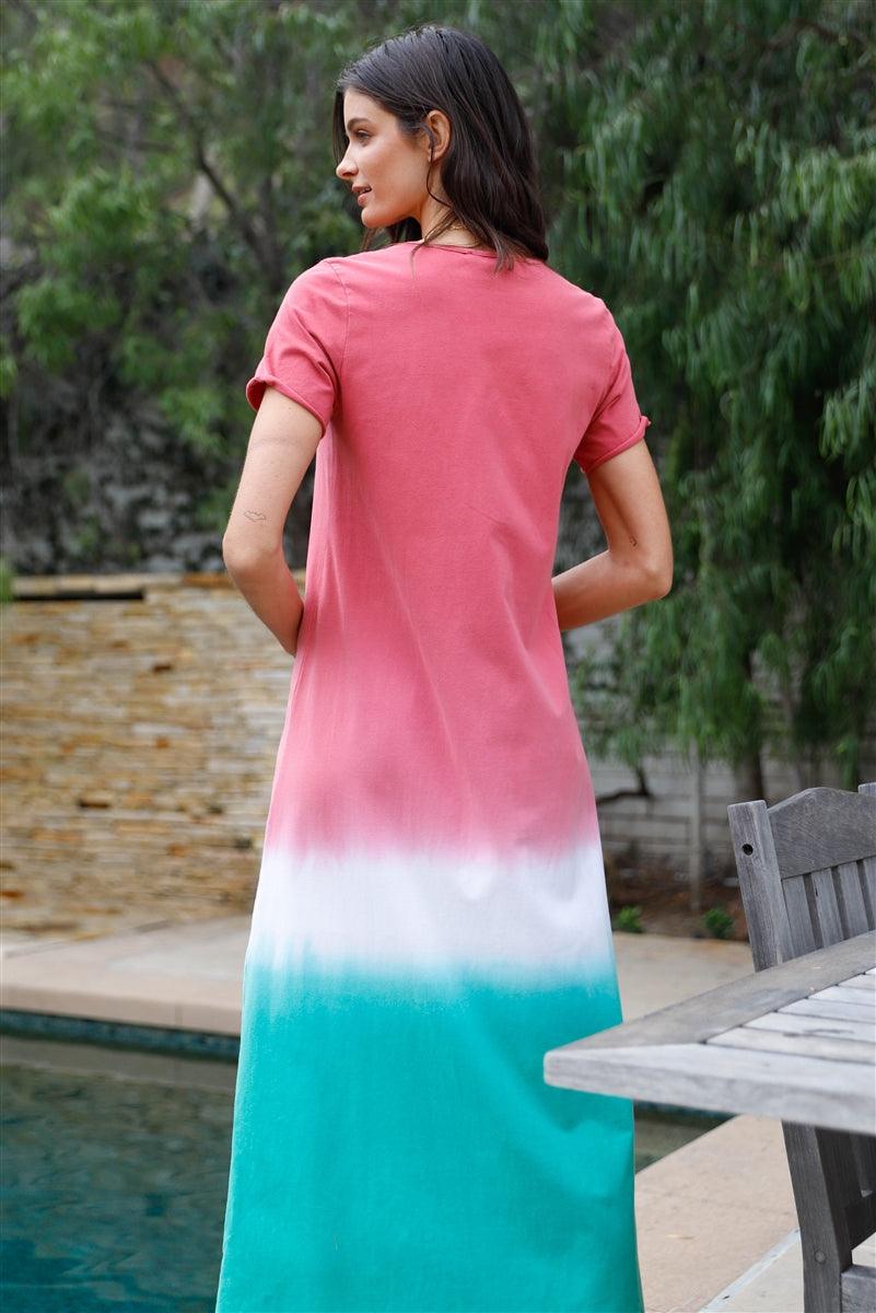 Brick Multi Color Cotton Tie-dye V-neck Maxi Dress - AMIClubwear