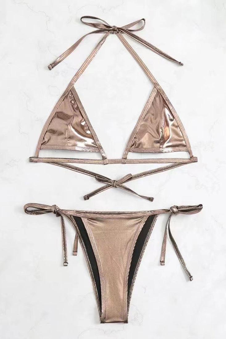 Bronze Metallic Cut-Out Strappy Sexy Cheeky Tie 2Pc Swimsuit Bikini - AMIClubwear
