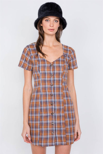 Brown Multi Checkered Stripe Casual Open Back Vintage Mini Dress - AMIClubwear