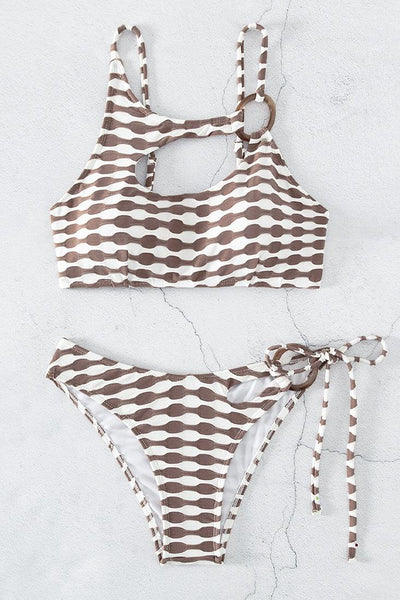 Brown White Textured O-Ring Sexy Tie Cut-Out 2Pc Swimsuit Bikini - AMIClubwear