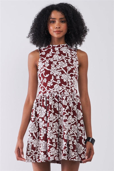 Burgundy & White Floral Crew Neck Sleeveless Fitted Mini Dress - AMIClubwear