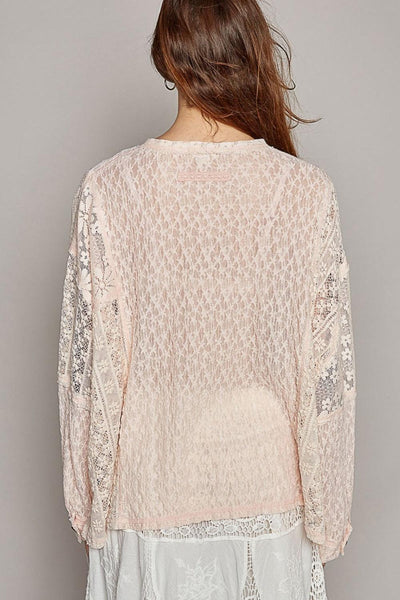 POL Round Neck Long Sleeve Raw Edge Lace Top - AMIClubwear