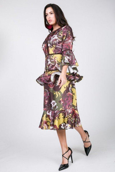 Cascade Ruffle Sleeve Frill Tiered Bottom Print Midi Dress - AMIClubwear