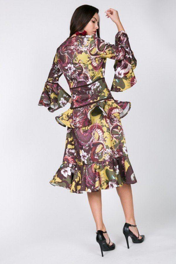 Cascade Ruffle Sleeve Frill Tiered Bottom Print Midi Dress - AMIClubwear