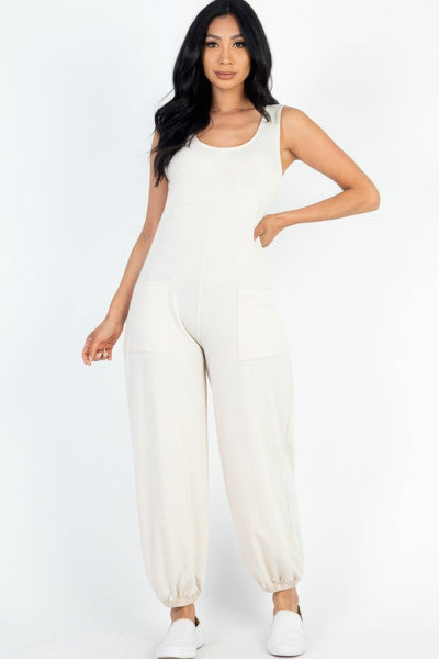 Casual Solid French Terry Sleeveless Scoop Neck Front Pocket Jumpsuit - AMIClubwear