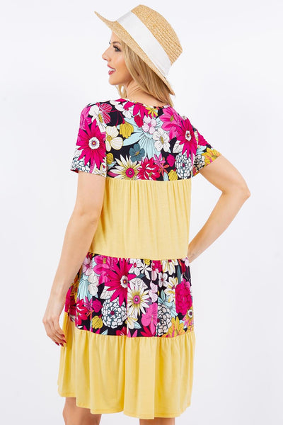 Celeste Full Size Color Block Floral Round Neck Short Sleeve Dress - AMIClubwear