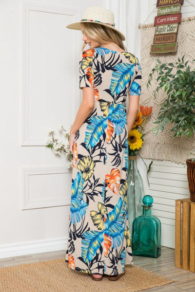 Celeste Full Size Printed Round Neck Short Sleeve Maxi Dress - AMIClubwear